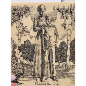 Vintage B. Lewin "Preparing Her Son" Scrimshaw Style Art Tile - 6" x 6"